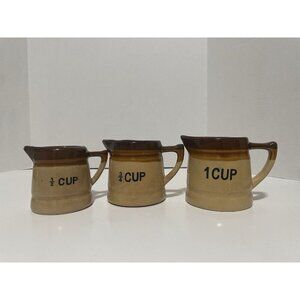 Vintage Crock Measuring Cups Set of 3 Brown Tan Glazed Ceramic